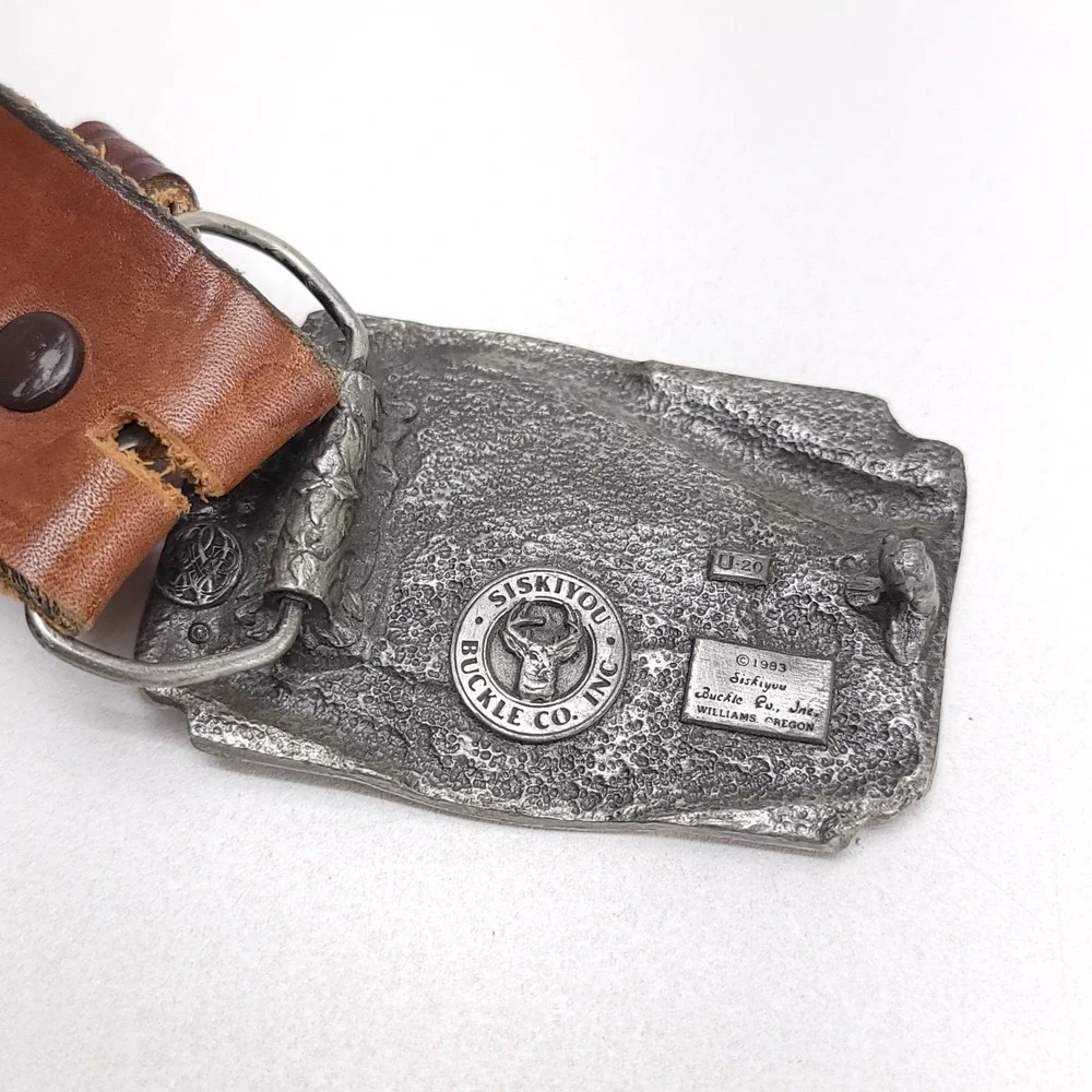 1983 Siskiyou Belt Buckle Montana Elk Deer Hunting Tooled Leather Size‎ 34-36